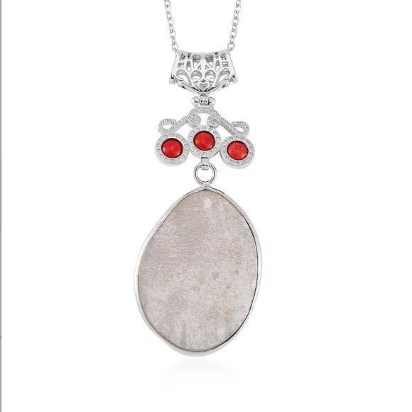 NWOT Abalone Shell & Red Coral Pendant Necklace in Silvertone & Stainless Steel - Picture 3 of 4